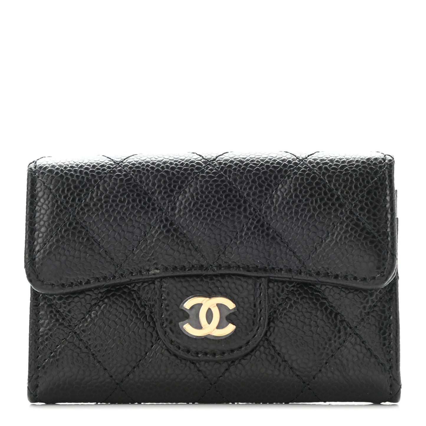 Caviar Quilted Flap Card Holder Wallet Black