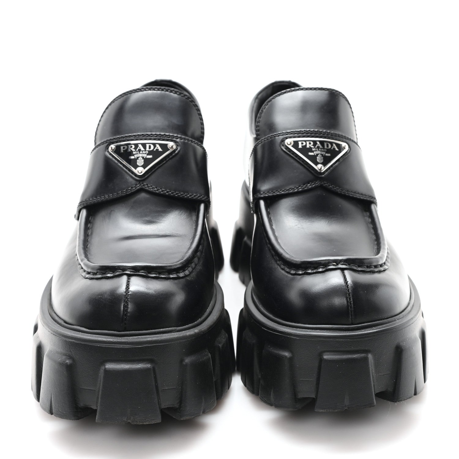 Prada Spazzolato Rois Metal Triangle Logo Monolith 55mm Loafers 38 Black 3 of 10