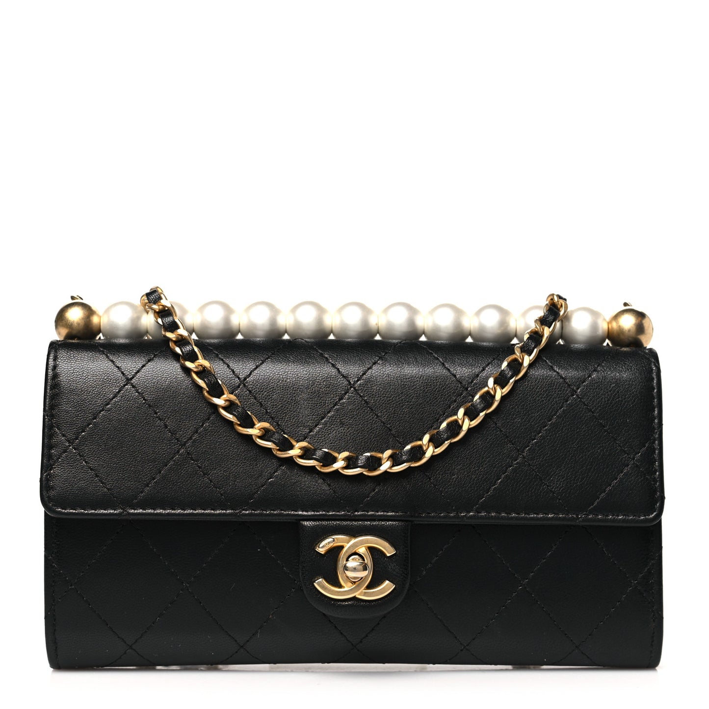 Lambskin Quilted Chic Pearls Clutch With Chain Black