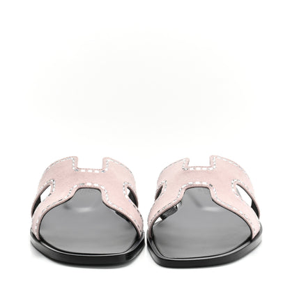 Hermes Suede Goatskin Crystal Embellished Oran Sandals 37 Rose Porcelaine 3 of 10
