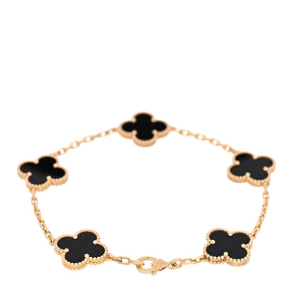 Van Cleef & Arpels 18K Yellow Gold Black Onyx 5 Motifs Vintage Alhambra Bracelet 2 of 5