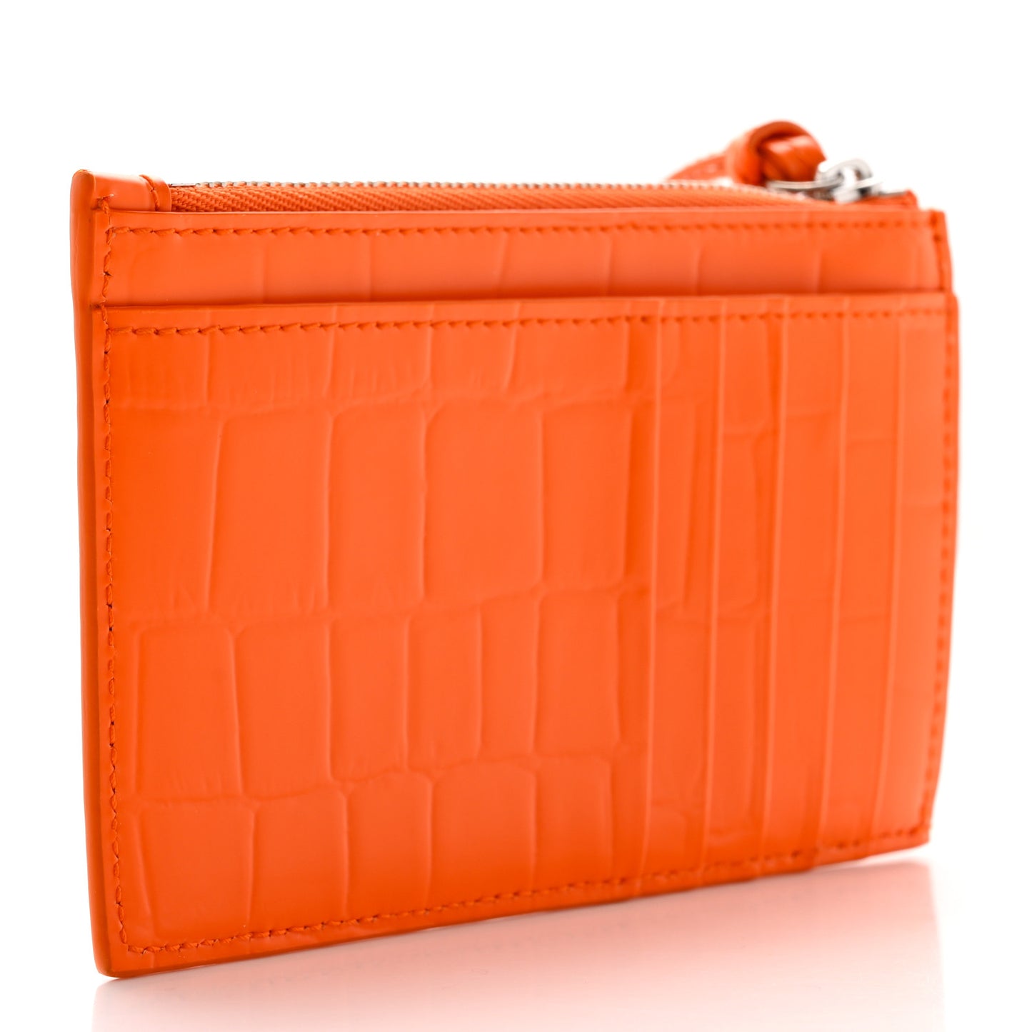 Semi Shiny Calfskin Crocodile Embossed Neo Classic Silver Hardware Long Coin Case Card Holder Orange