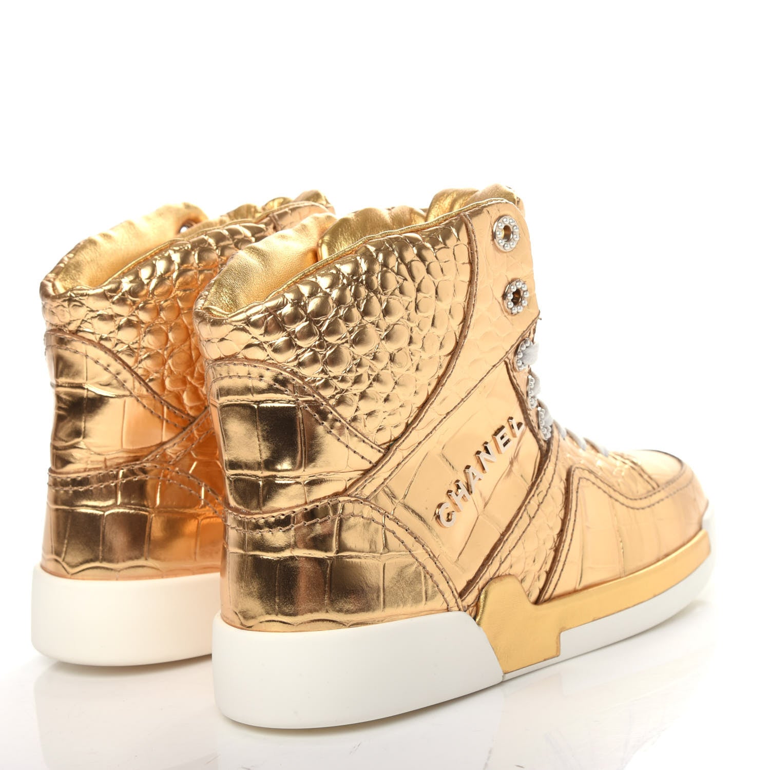 Chanel Metallic Calfskin Crocodile Embossed Cocodile High Top Sneakers 39 Gold 4 of 11