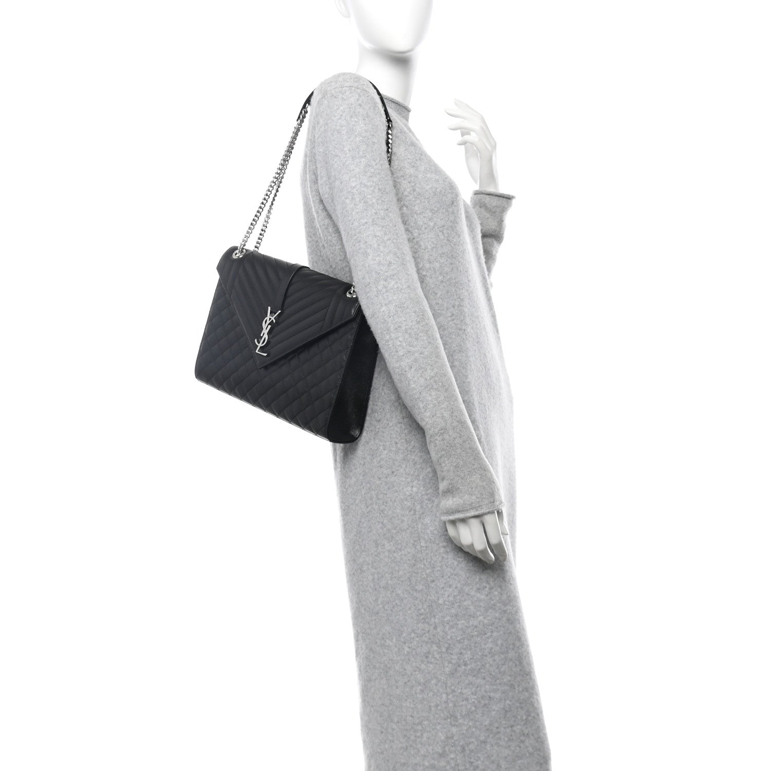 Saint Laurent Grain De Poudre Textured Mixed Matelasse Large Triquilt Monogram Satchel Black 2 of 11