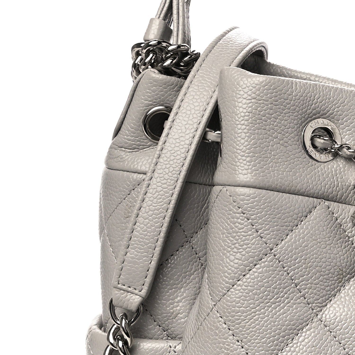 Chanel Caviar Flat Quilted CC Chain Bucket Drawstring Bag Light Grey 8 of 10