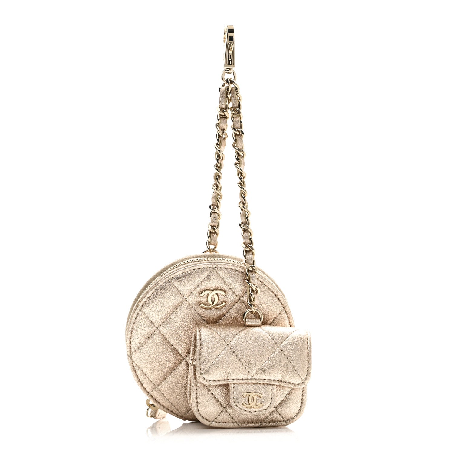 Chanel Metallic Lambskin Quilted Round Clip On Coin Purse Airpods Case Gold 1 of 8
