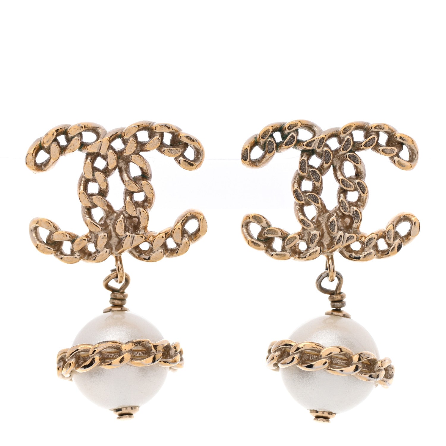 Chanel Chain Pearl CC Drop Earrings Gold 1 of 5