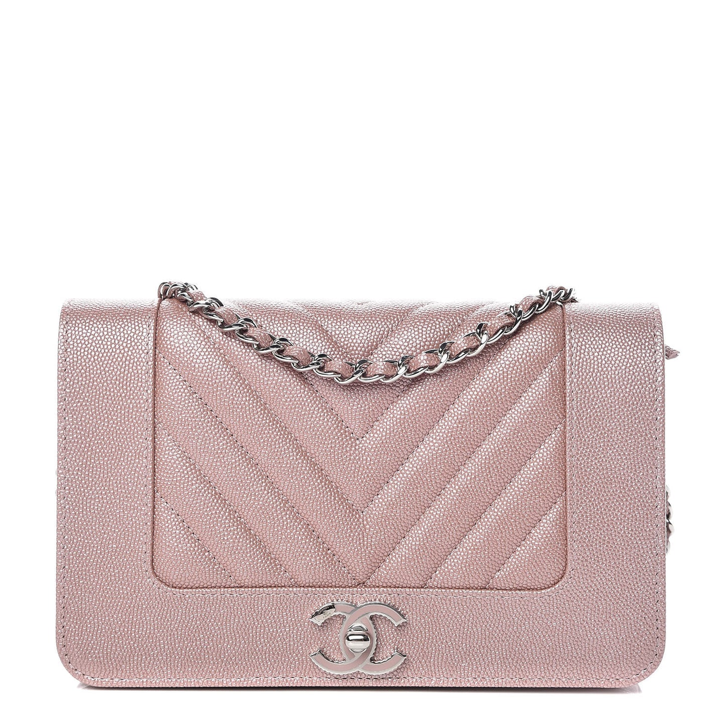 Metallic Caviar Chevron Quilted Vintage Mademoiselle Wallet On Chain WOC Pink