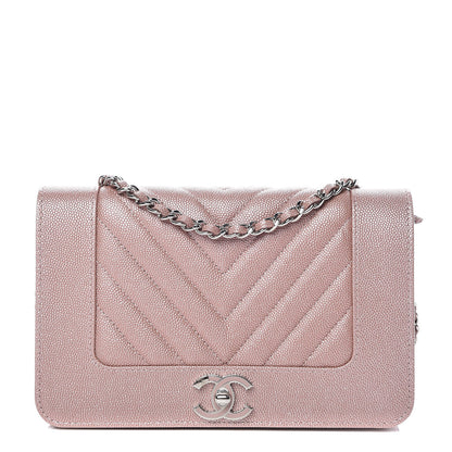 Chanel Metallic Caviar Chevron Quilted Vintage Mademoiselle Wallet On Chain WOC Pink 1 of 10