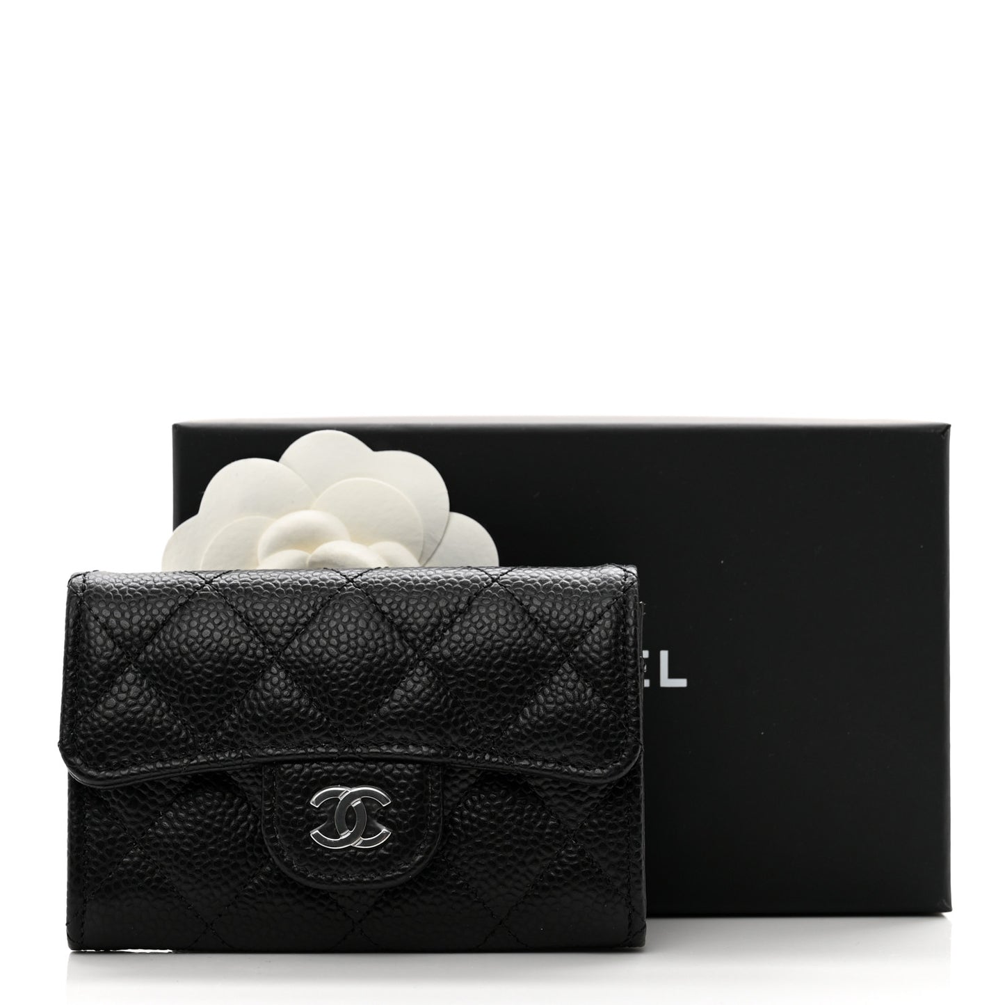 Caviar Quilted Flap Card Holder Wallet Black