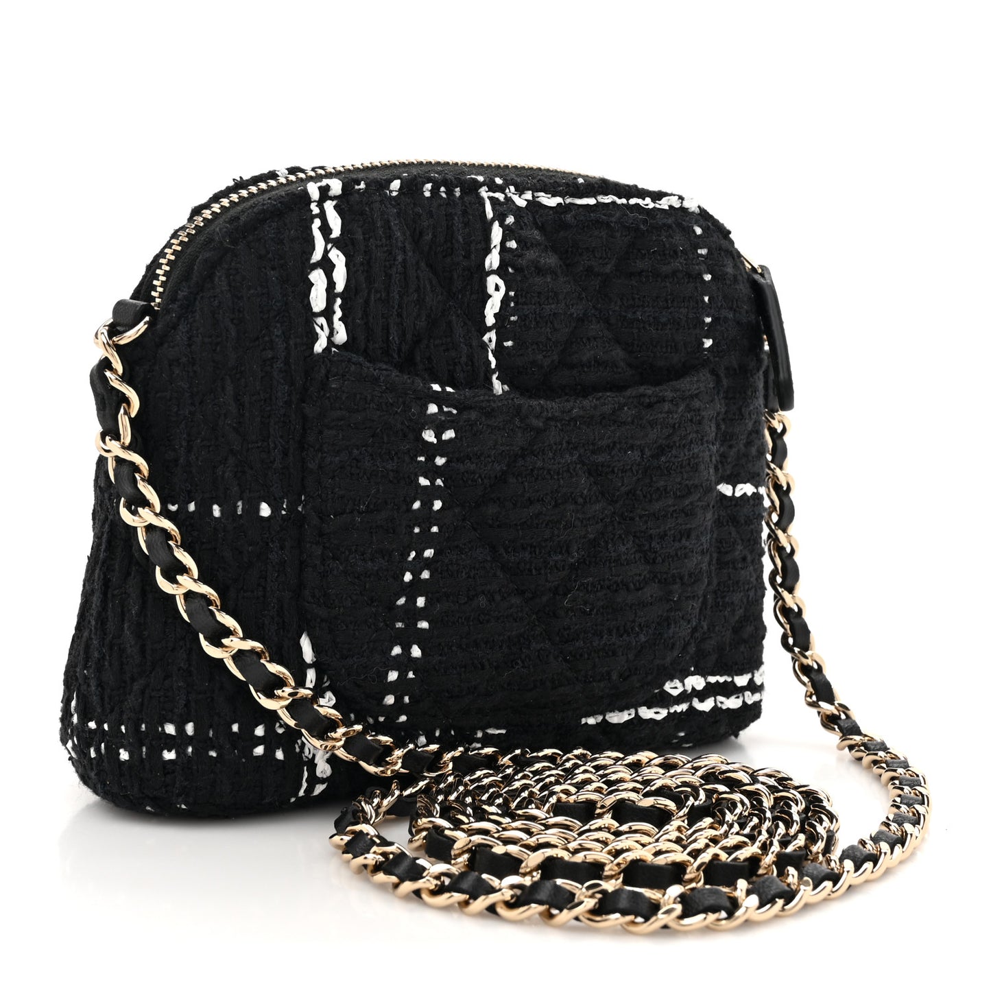 Tweed Quilted Mini Clutch With Chain Black White