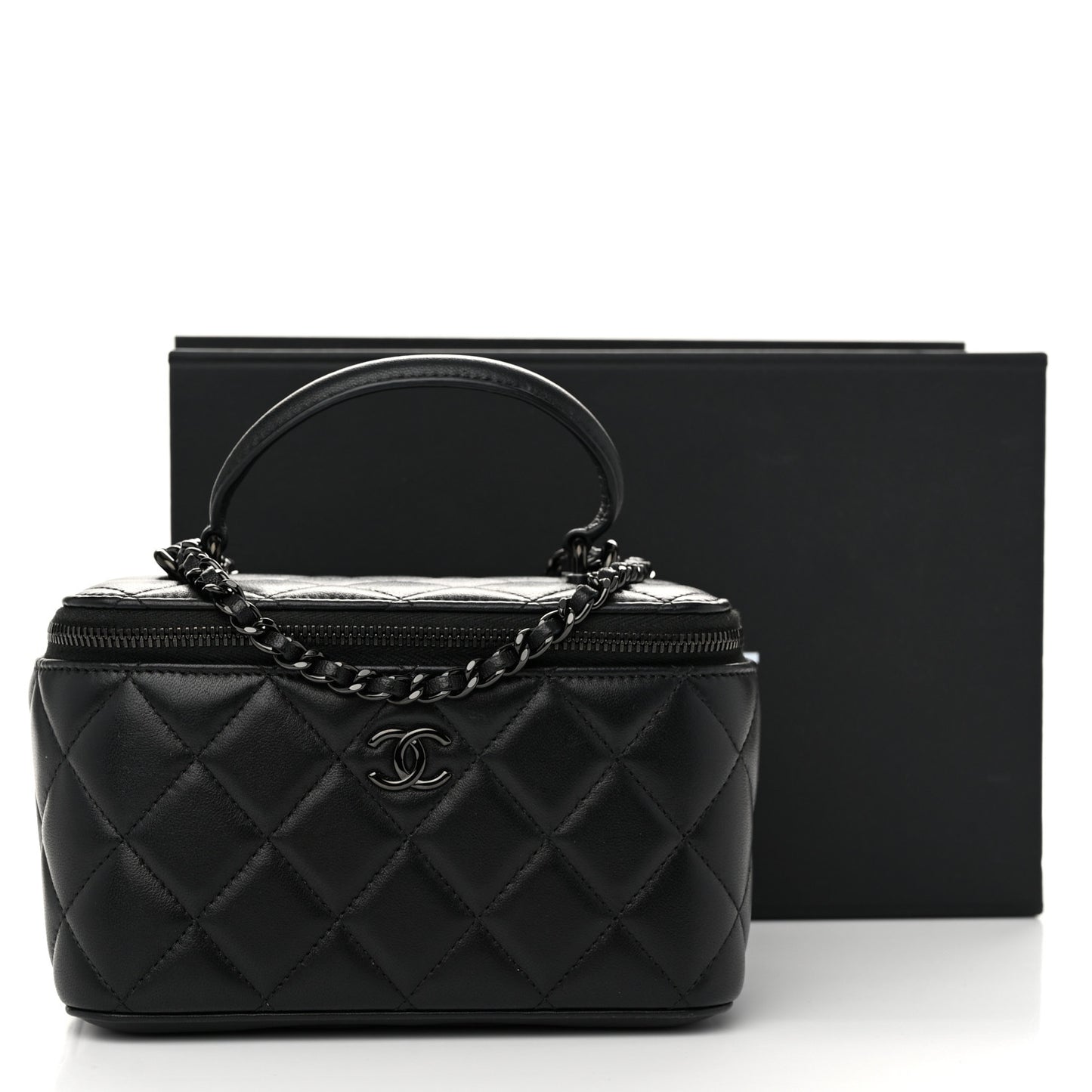 Lambskin Quilted Small Top Handle Vanity Case With Chain So Black