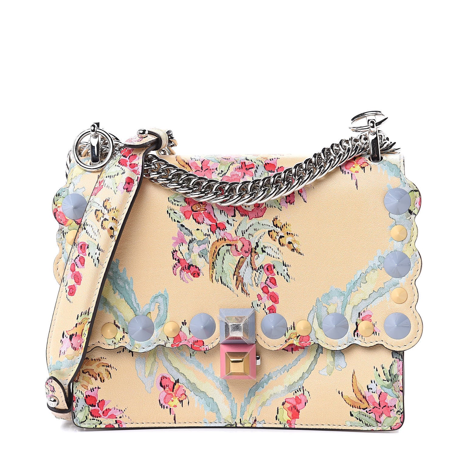 Fendi Vitello Marie Antoinette Print Scalloped Mix Studded Small Kan I Shoulder Bag Panna Multicolor 1 of 10