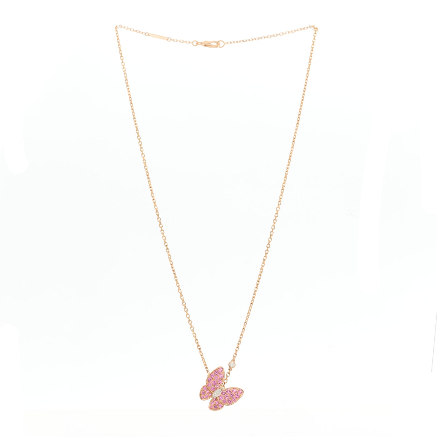 18K Rose Gold Diamond Pink Sapphire Two Butterfly Pendant Necklace