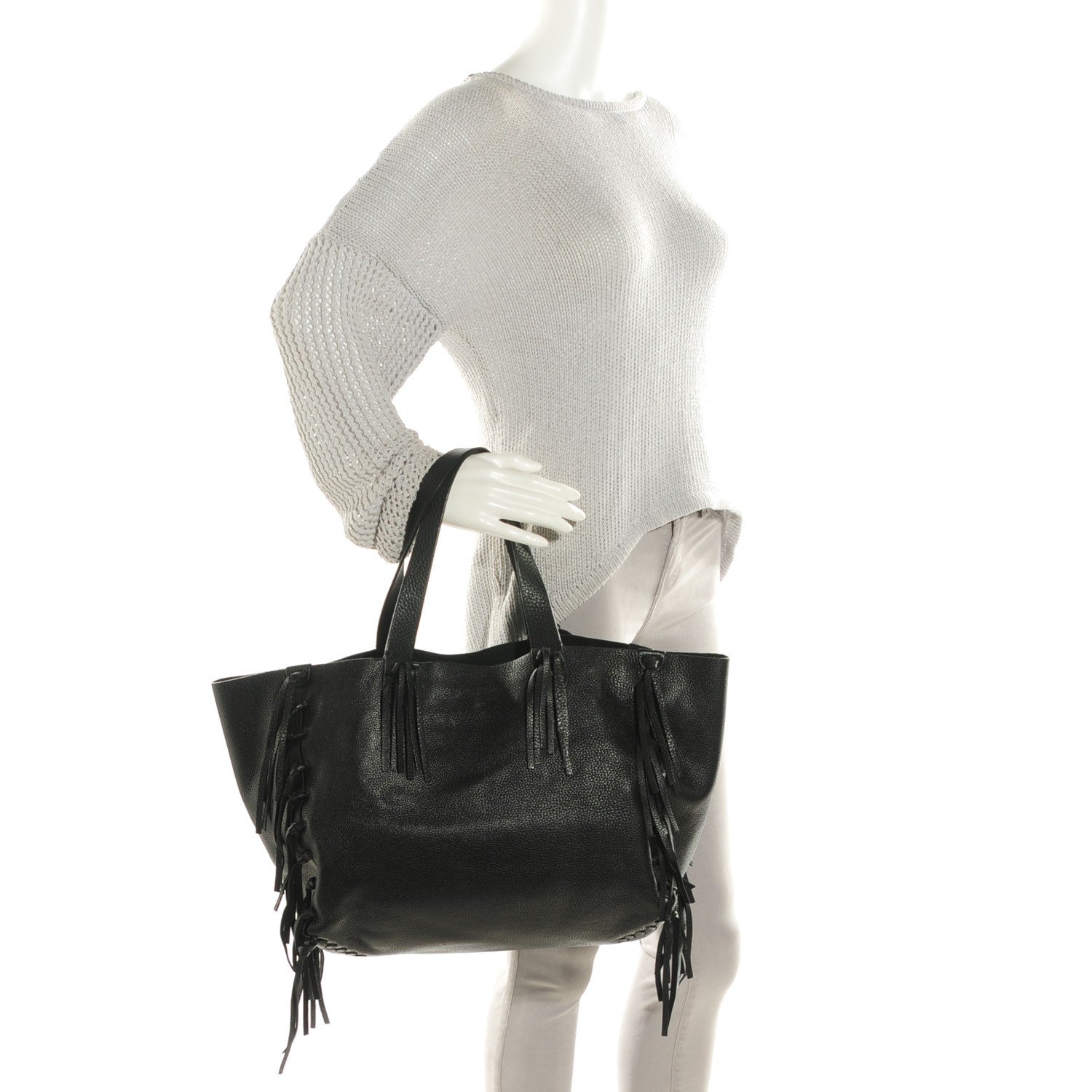 Valentino Garavani Grained Calfskin C-Rockee Fringe Tote Black 2 of 8