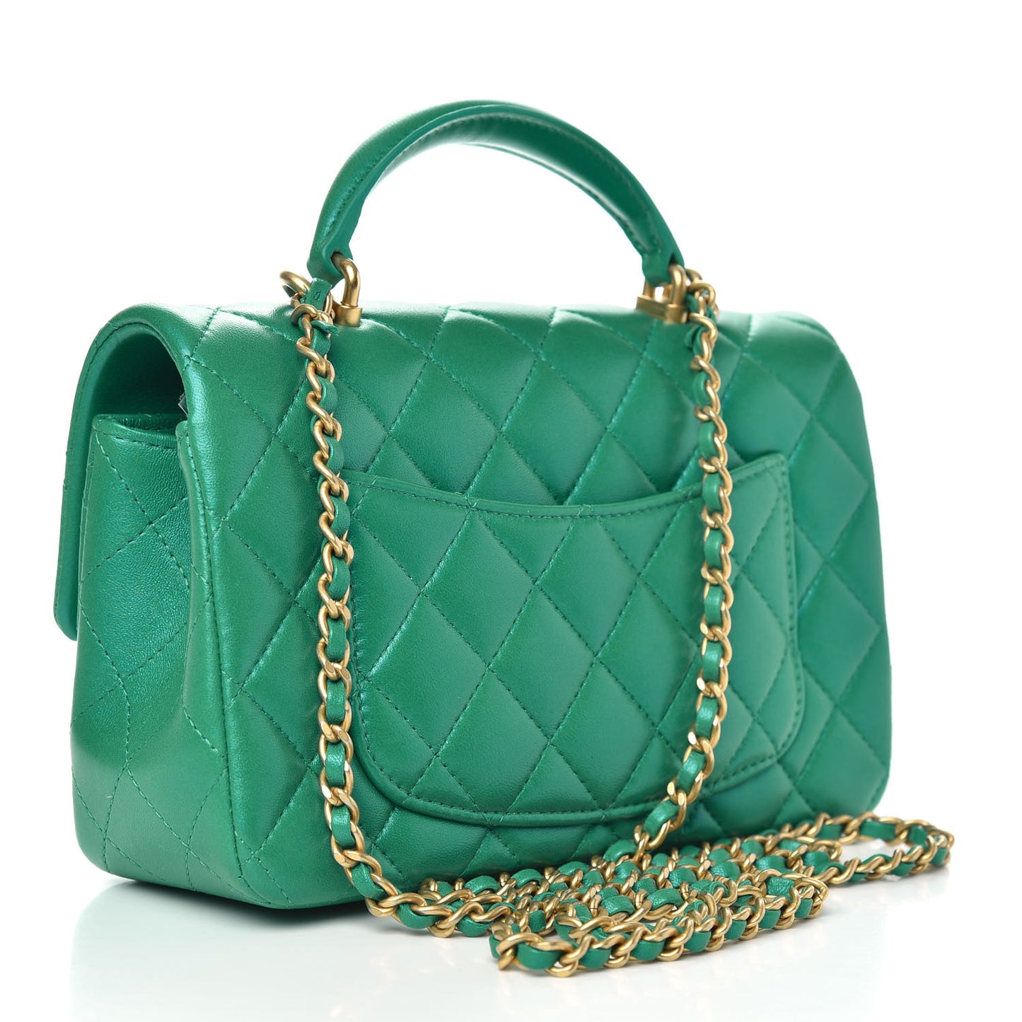 Iridescent Lambskin Quilted Mini Top Handle Rectangular Flap Green