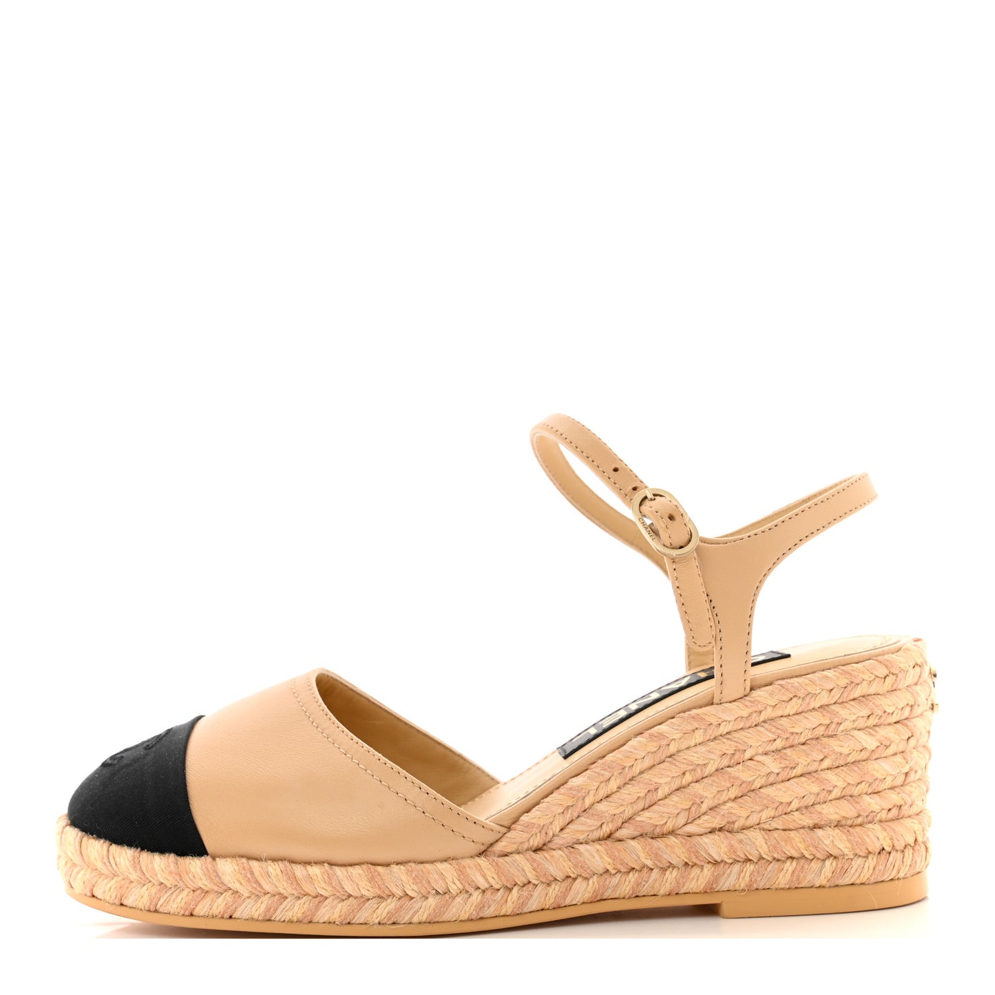 Lambskin Grosgrain CC Espadrilles Wedges 36 Beige Black