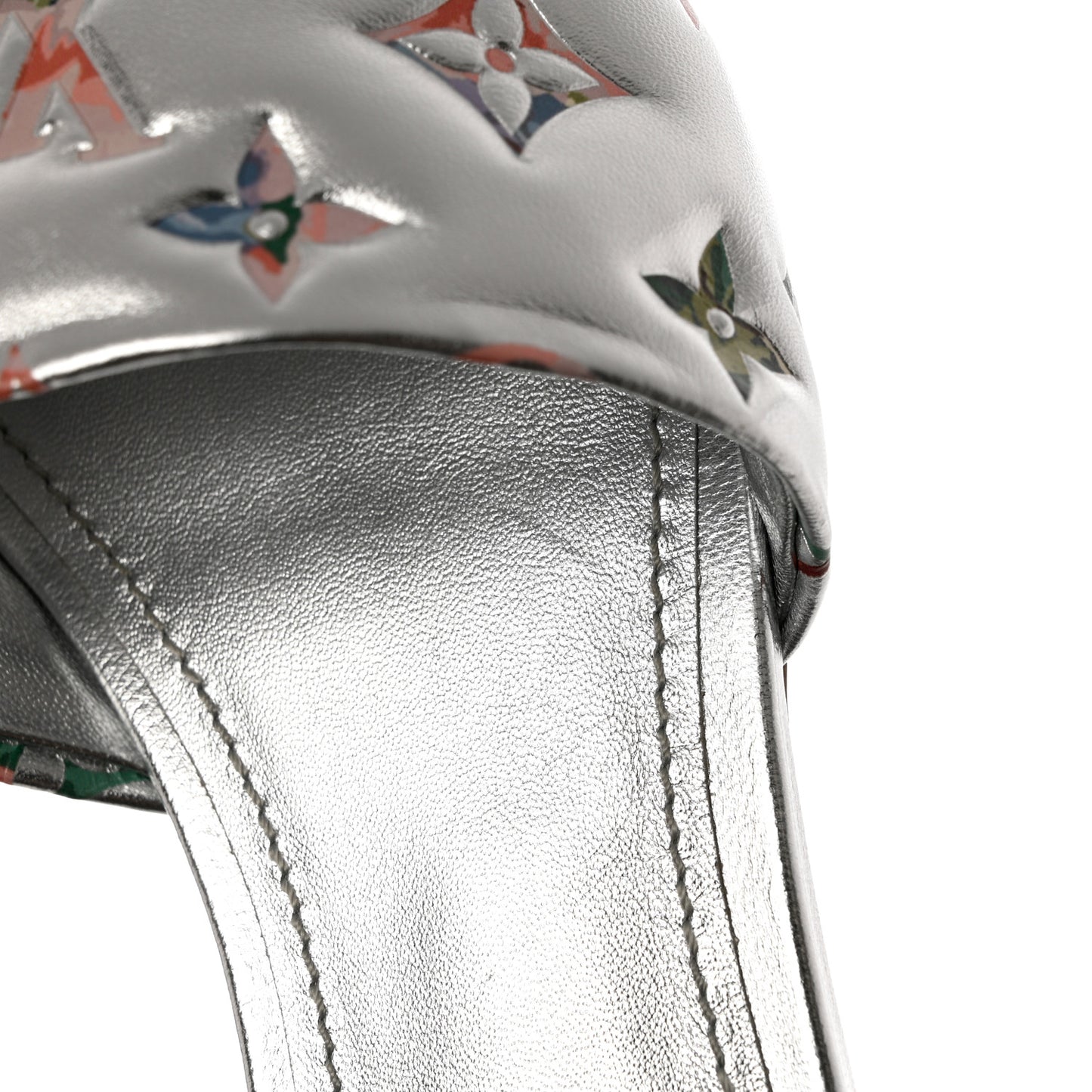 Metallic Lambskin Embossed Monogram Floral Revival Flat Mules 37 Silver