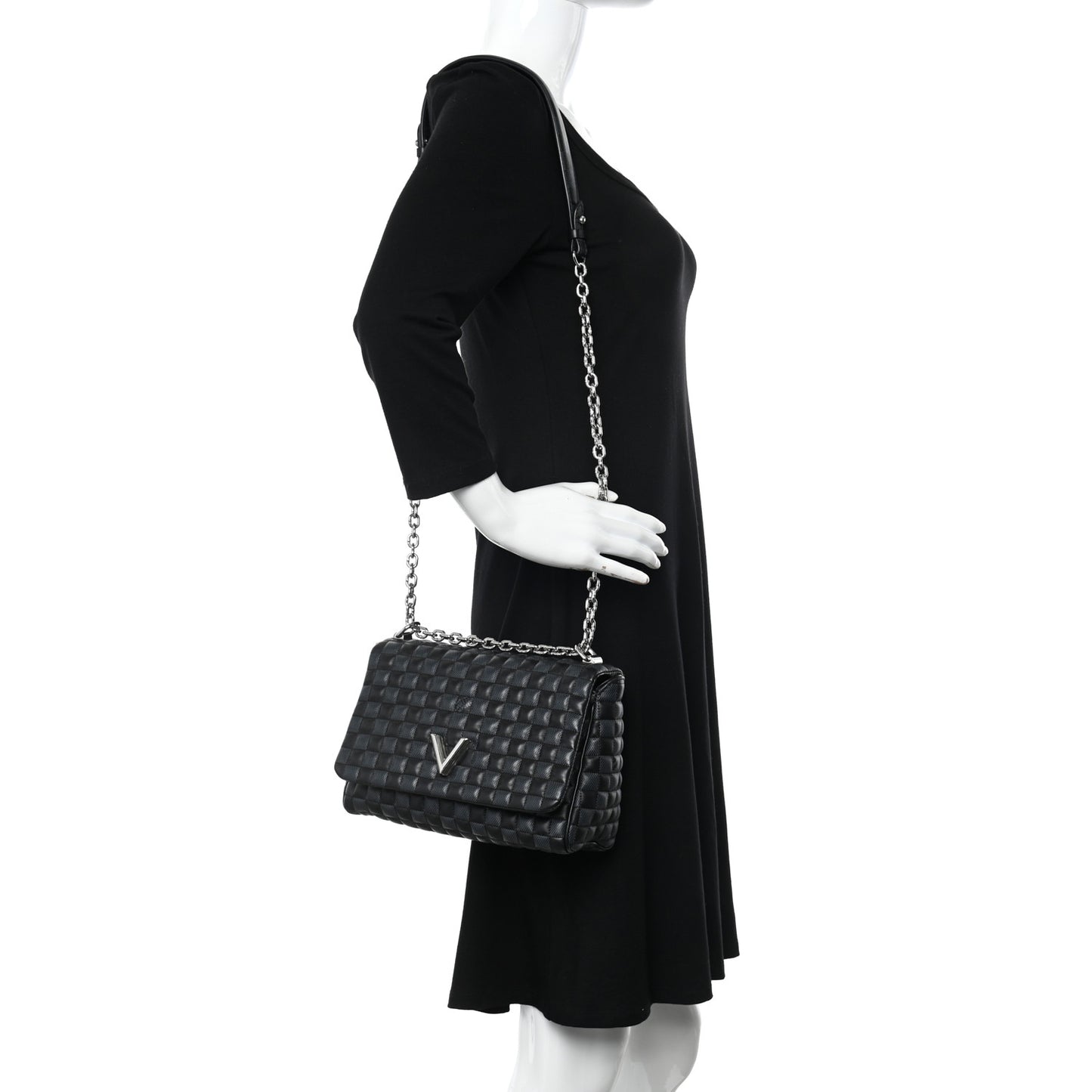 Calfskin Quilted Damier Twist MM Black Anthracite