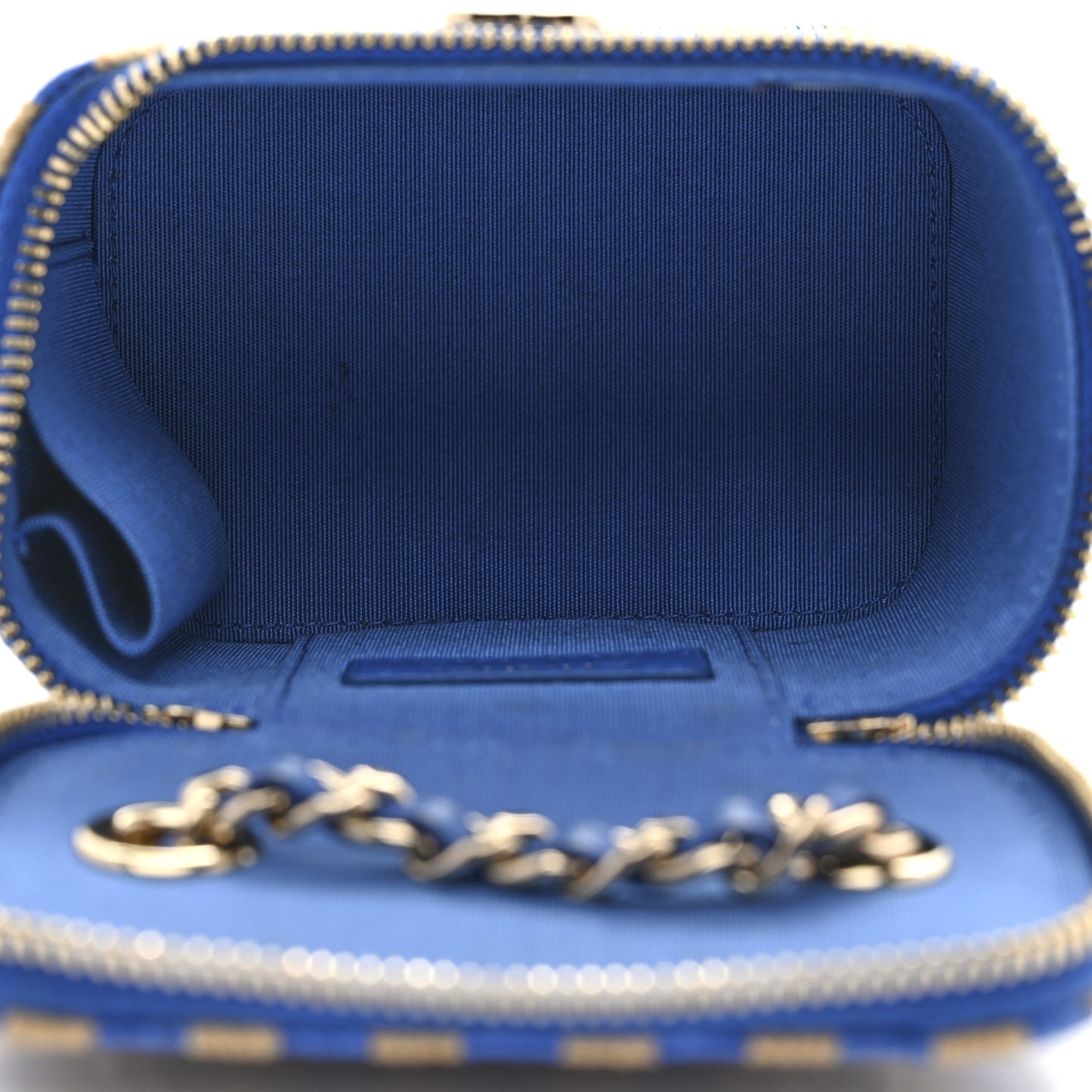 Raffia Jute Striped Mini Vanity Case With Chain Blue Beige