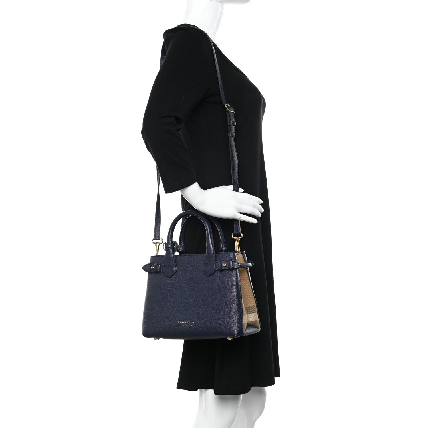 Burberry Grainy Calfskin House Check Small Banner Tote Ink Blue 2 of 12