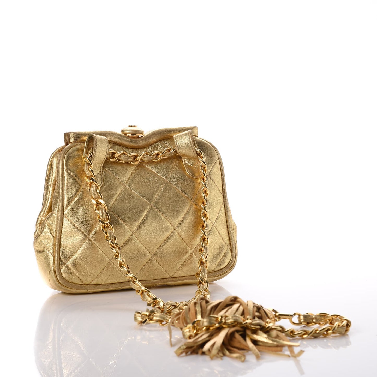Metallic Lambskin Framed Waist Chain Belt Bag Gold