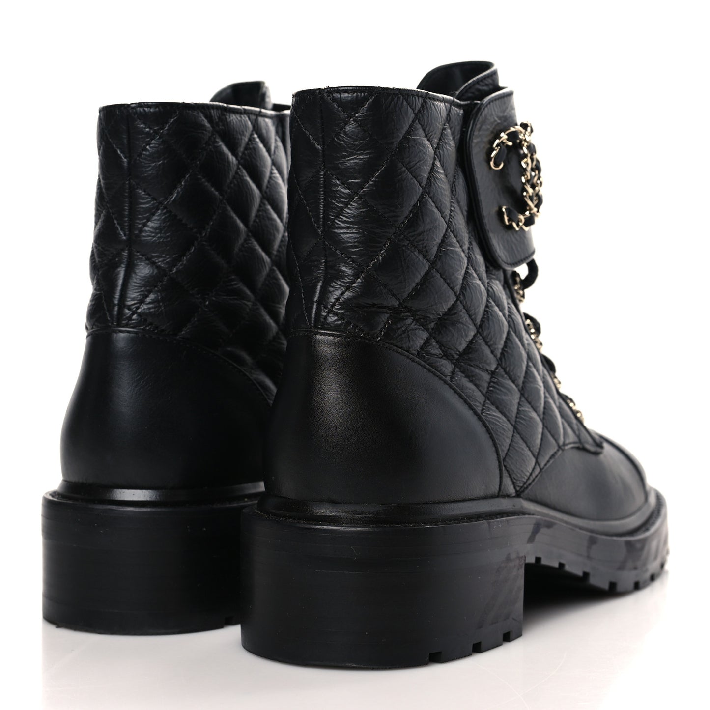 Shiny Lambskin Quilted Lace Up Combat Boots 40 Black