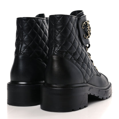 Chanel Shiny Lambskin Quilted Lace Up Combat Boots 40 Black 4 of 7