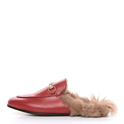 Gucci Betis Glamour Calfskin Fur Womens Princetown Slippers 38 Hibiscus Red Naturale 1 of 12