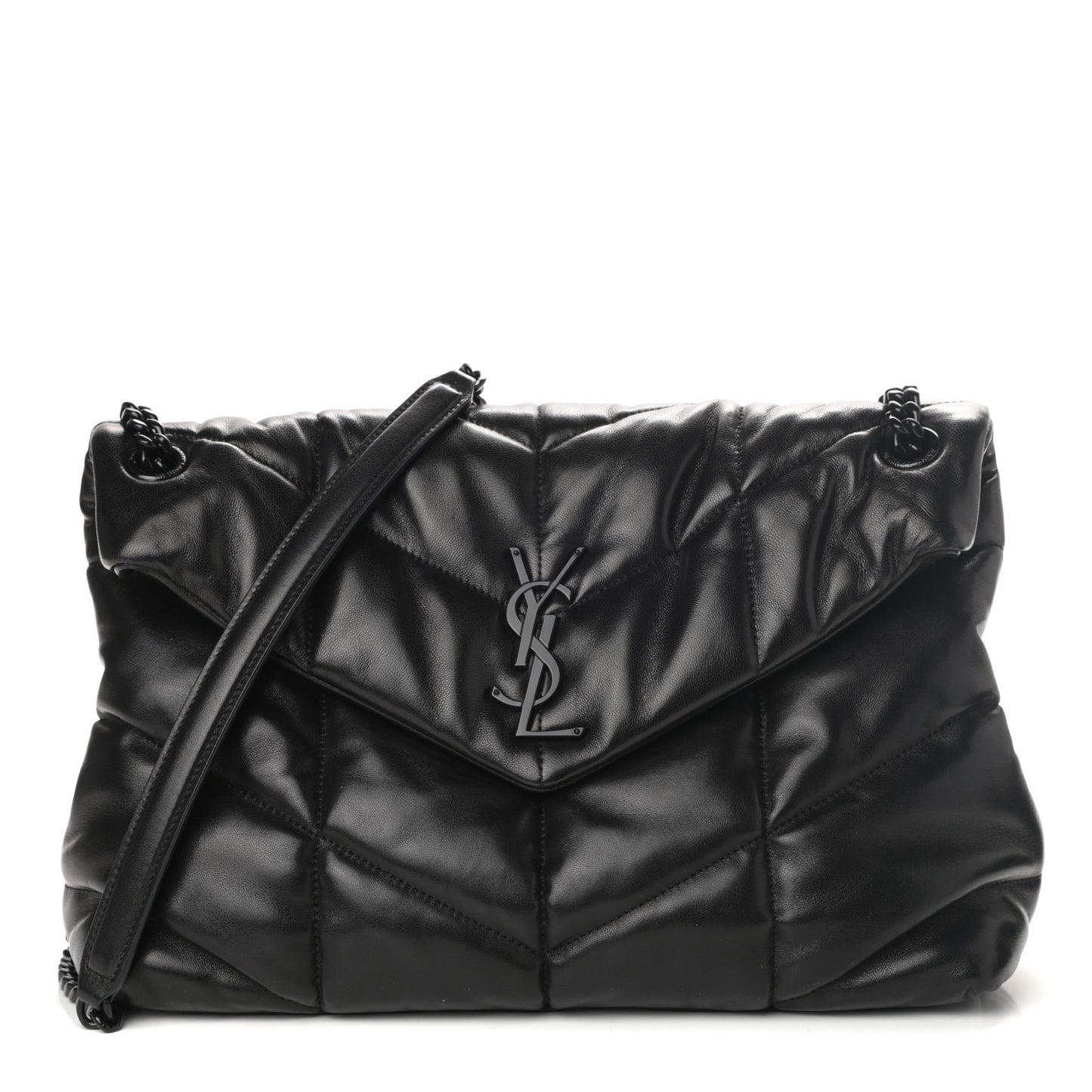 Lambskin Quilted Medium Loulou Puffer Monogram Chain Satchel Black