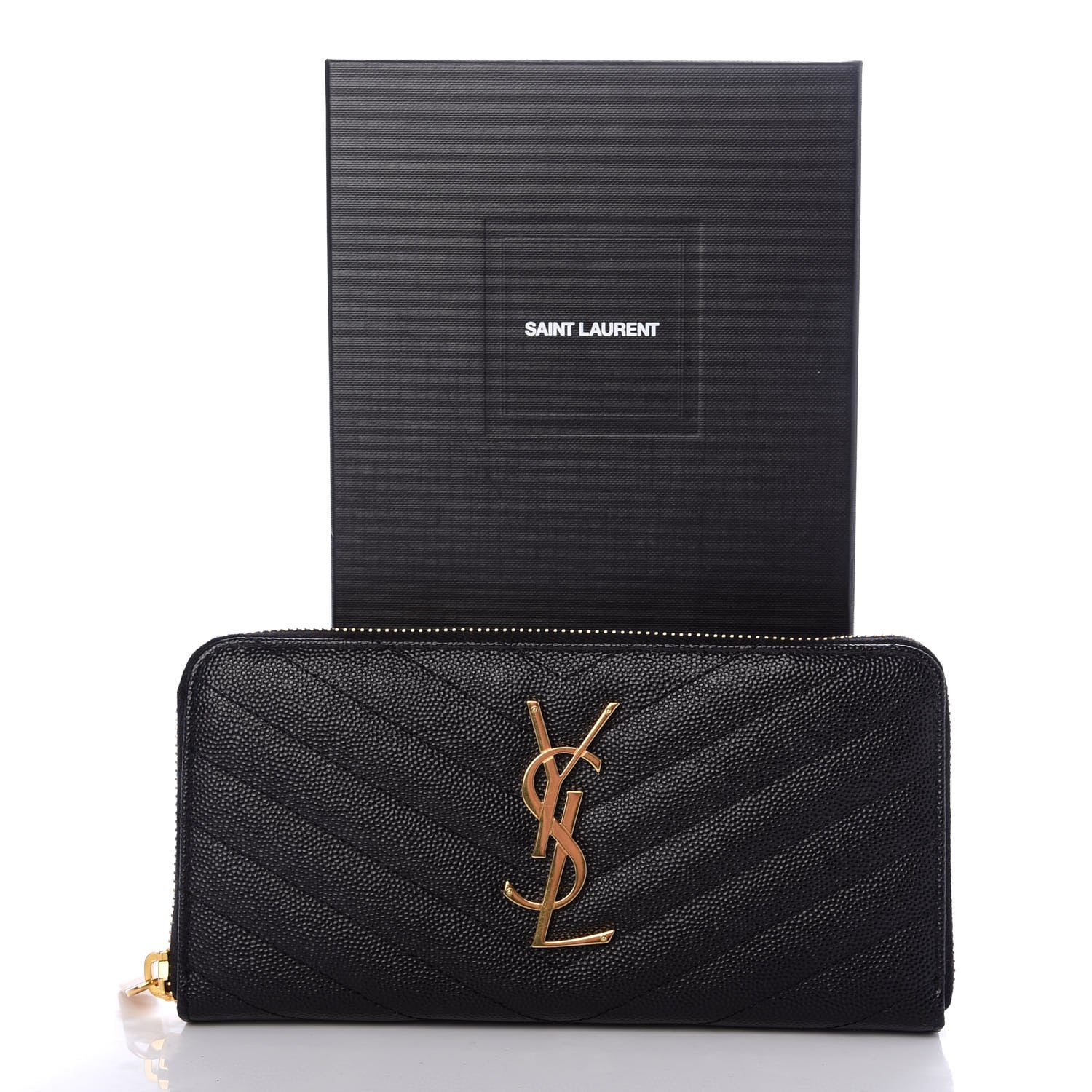 Saint Laurent Grain De Poudre Matelasse Chevron Monogram Zip Around Wallet Black 7 of 7
