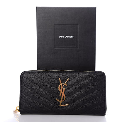 Saint Laurent Grain De Poudre Matelasse Chevron Monogram Zip Around Wallet Black 7 of 7