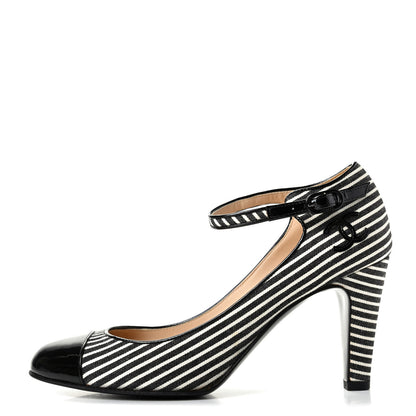 Chanel Fabric Striped Patent Cap Toe Ankle Strap Pumps 37.5 Black White 1 of 11