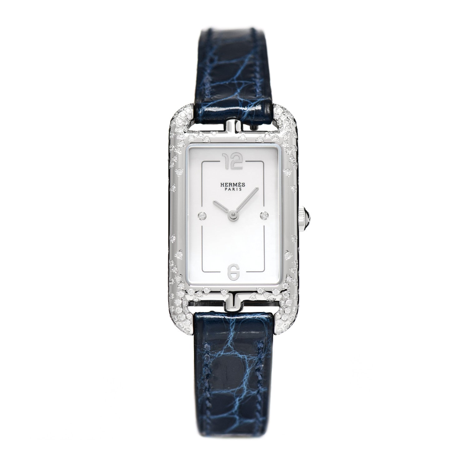 Hermes Stainless Steel Alligator Diamond Mother of Pearl 20mm Nantucket Quartz Watch Bleu Saphir 1 of 8
