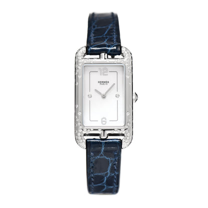 Hermes Stainless Steel Alligator Diamond Mother of Pearl 20mm Nantucket Quartz Watch Bleu Saphir 1 of 8
