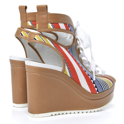 Hermes Calfskin Toile Lace Up Wedge Sandals 38 4 of 9