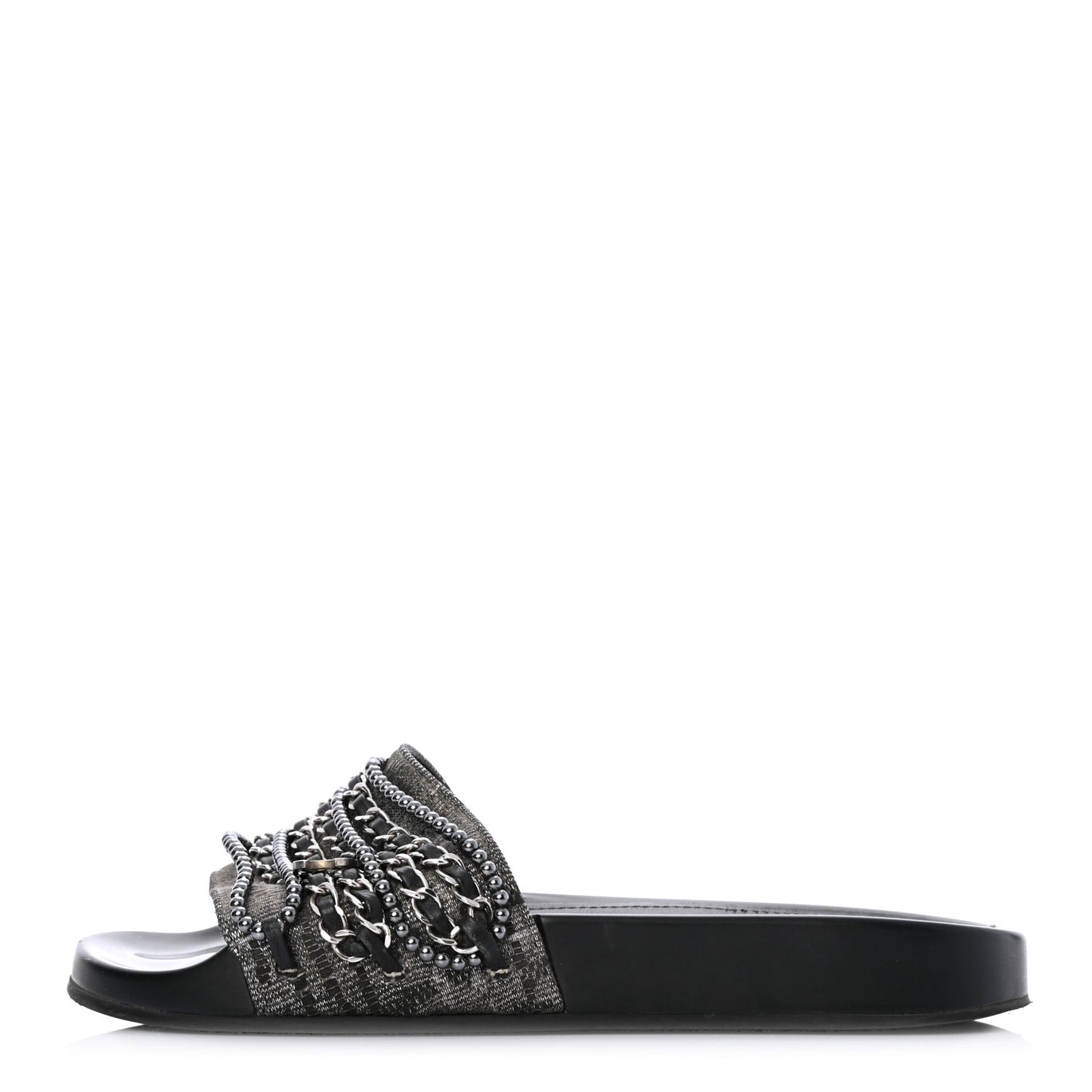 Fantasy Lambskin Pearl Chain CC Flat Mules 37 Silver Black