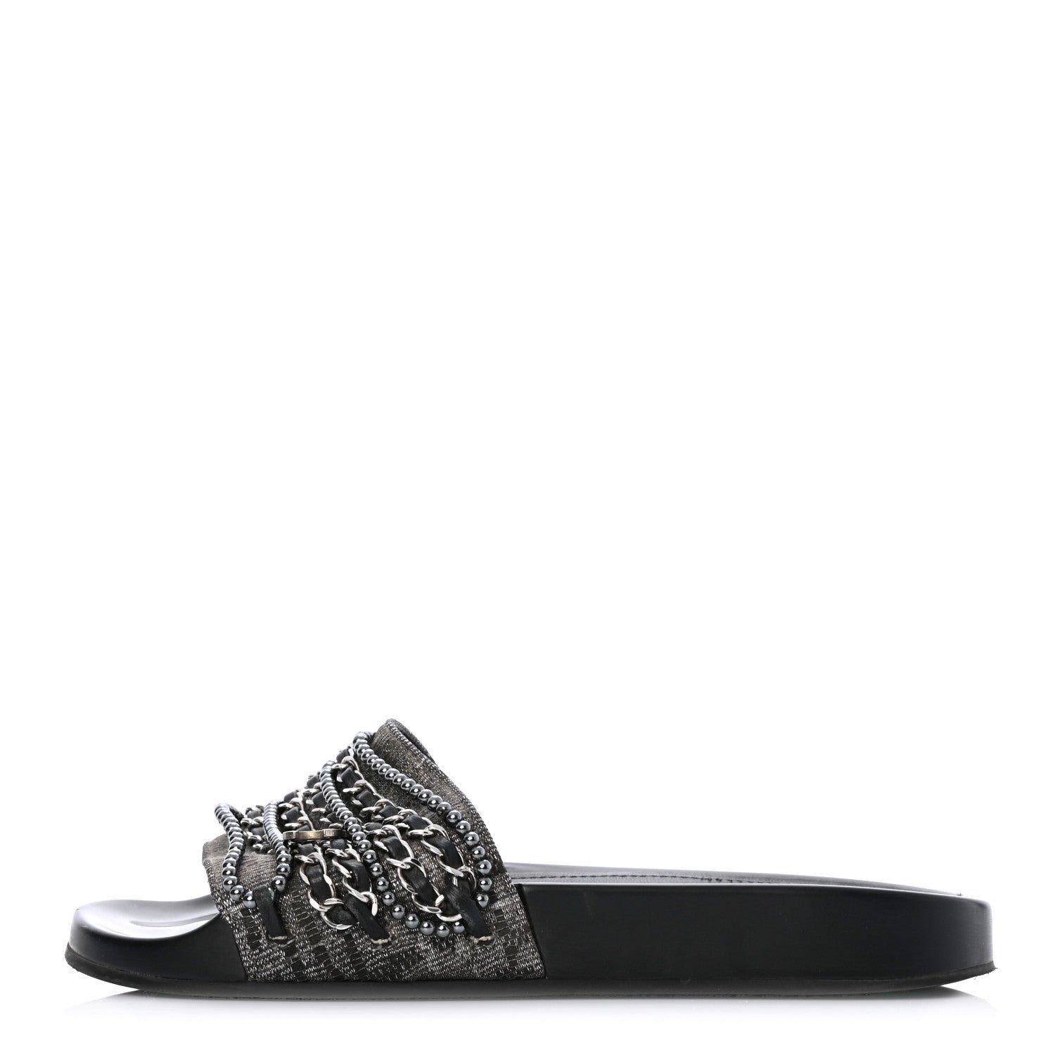 Chanel Fantasy Lambskin Pearl Chain CC Flat Mules 37 Silver Black 1 of 9