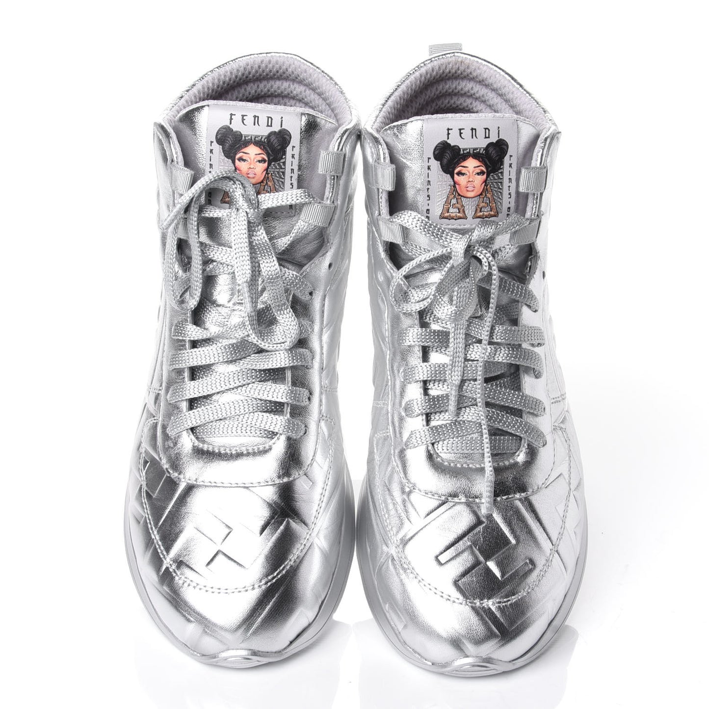 X NICKI MINAJ Metallic Nappa Macro FF Embossed Prints On High Top Sneakers 39 Silver