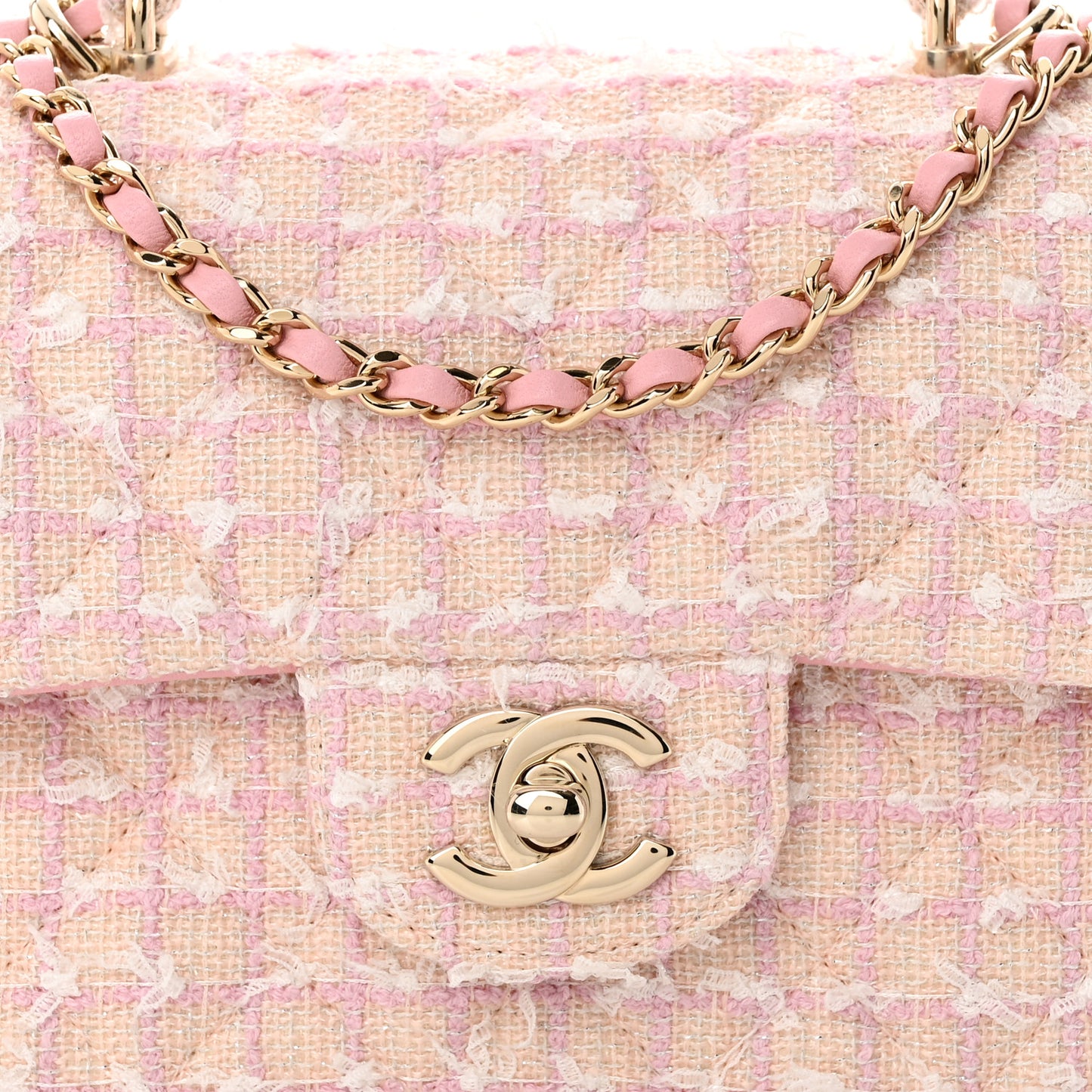 Tweed Quilted Mini Top Handle Rectangular Flap Light Pink