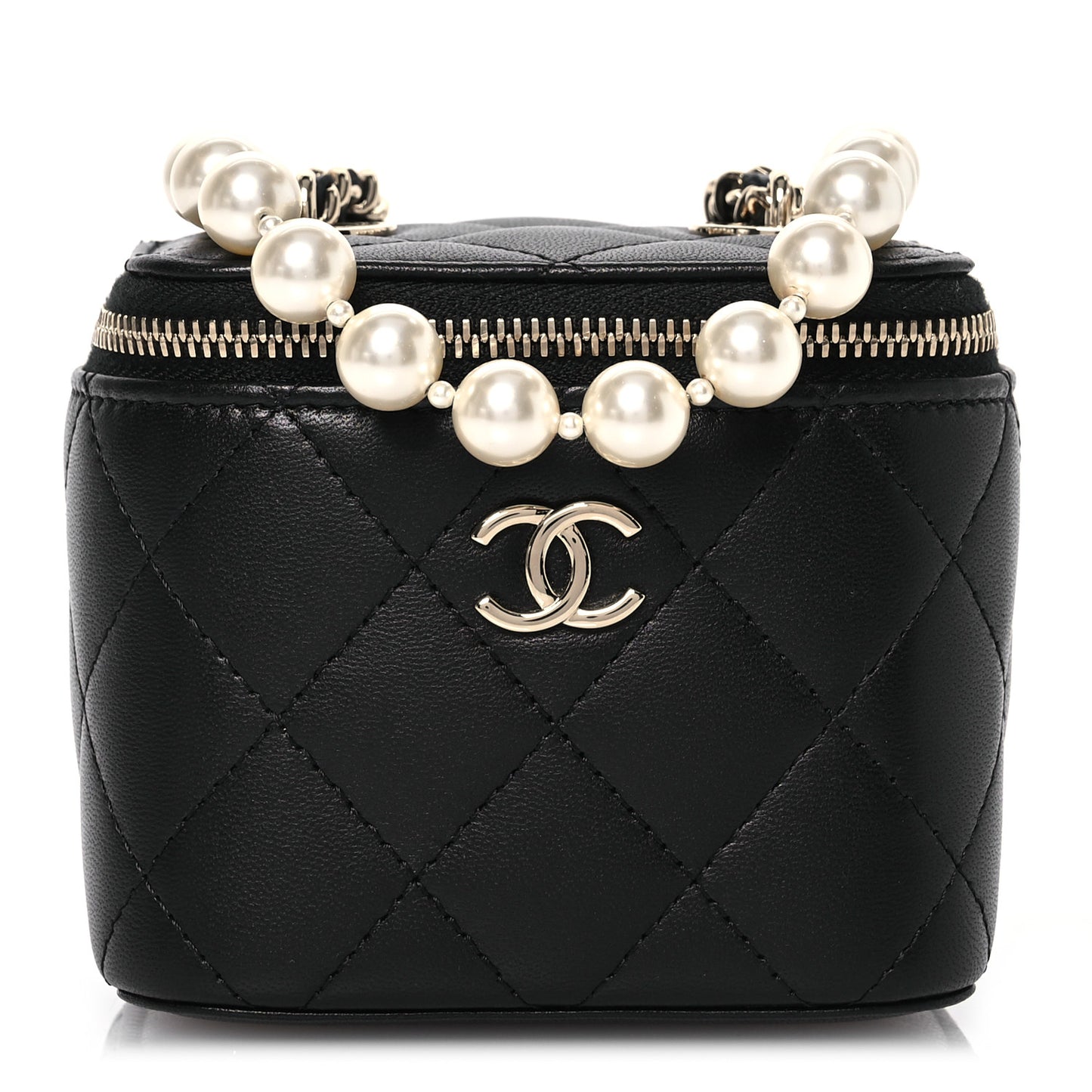 Lambskin Quilted Mini Vanity Case With Pearl Chain Black