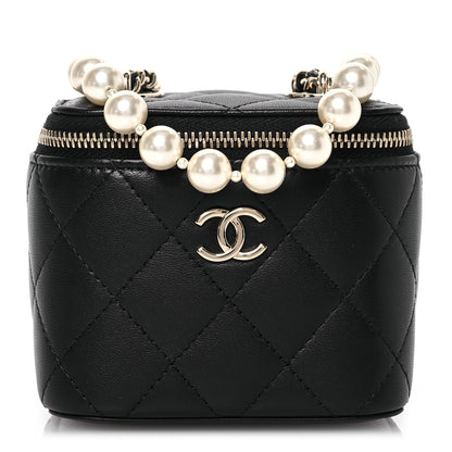 Chanel Lambskin Quilted Mini Vanity Case With Pearl Chain Black 1 of 10