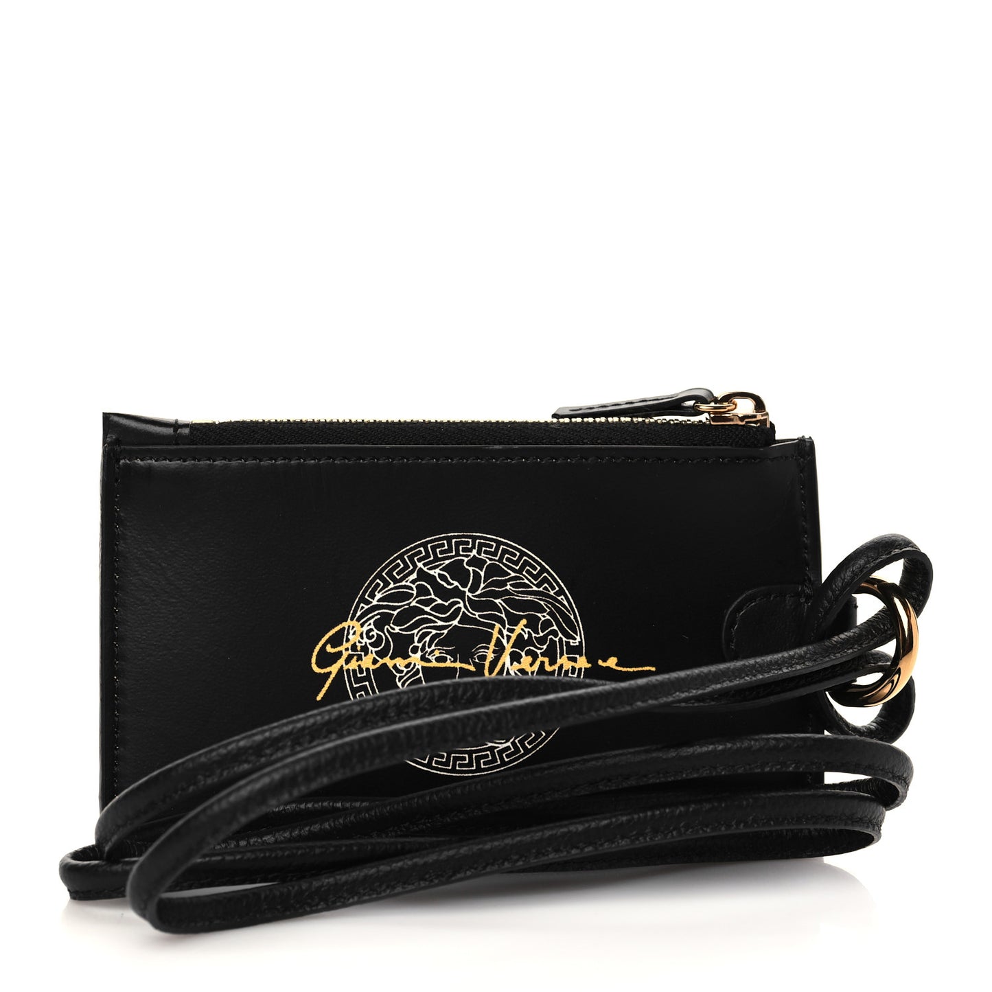 Calfskin Logo Medusa Lanyard Wallet Black