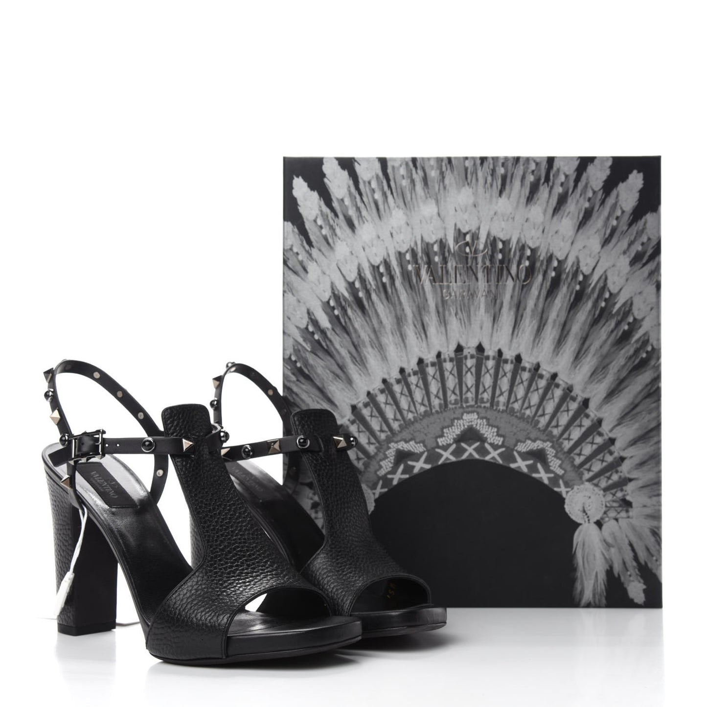 Pebbled Calfskin Onyx Rockstud Rolling Ankle Strap 5/105mm Sandals 38.5 Black