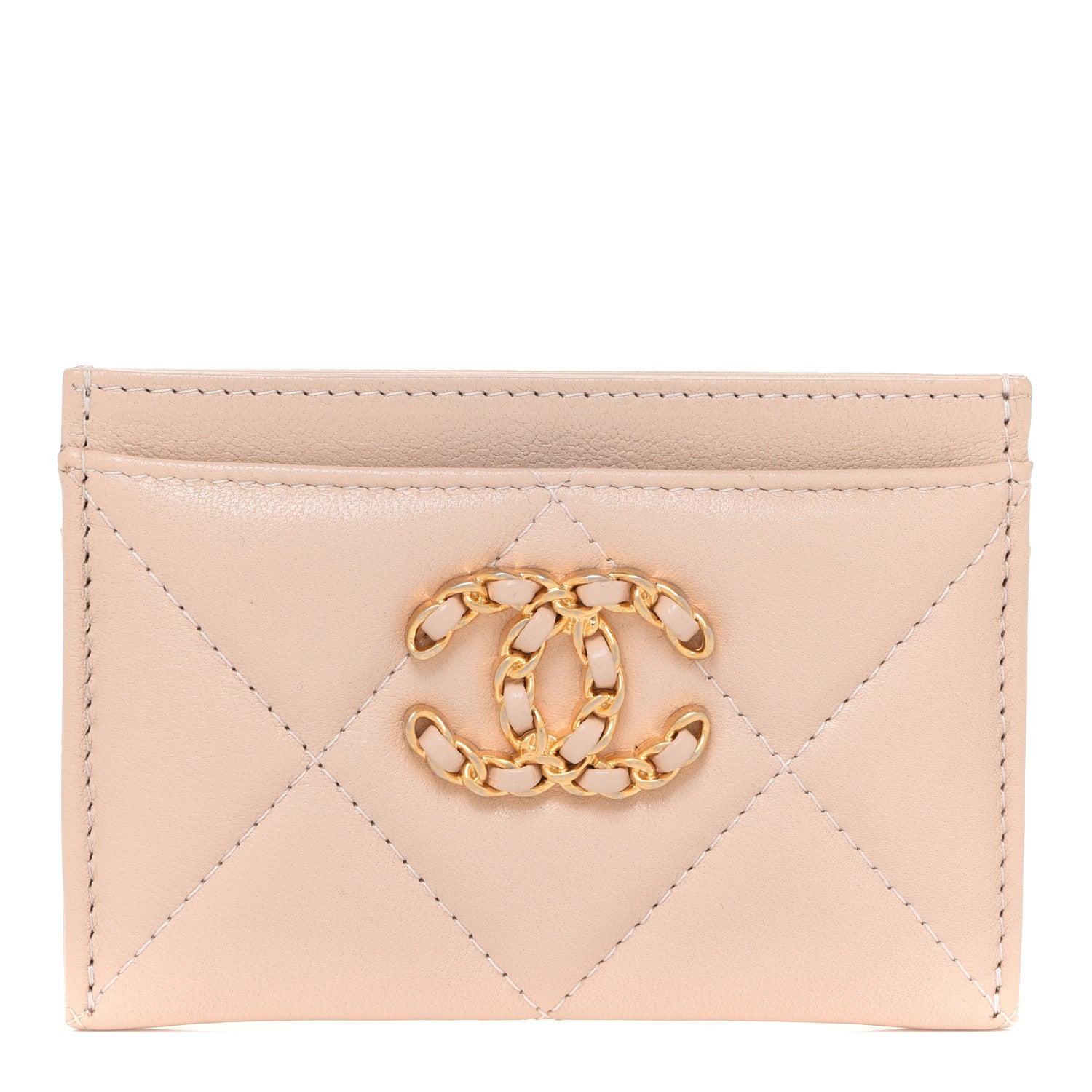 Chanel Shiny Goatskin Quilted Chanel 19 Card Holder Beige 1 of 9