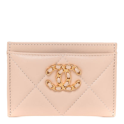 Chanel Shiny Goatskin Quilted Chanel 19 Card Holder Beige 1 of 9