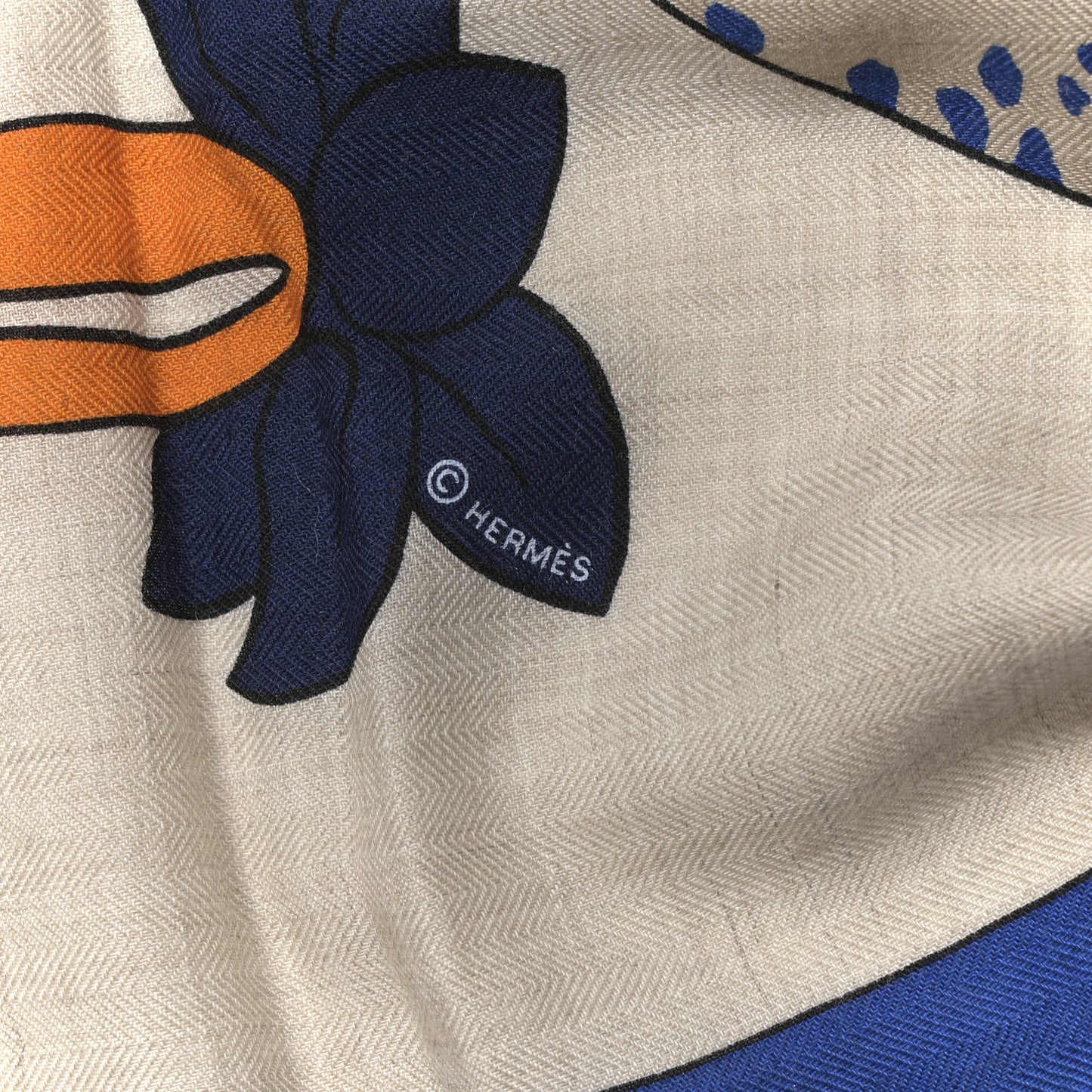 Cashmere Silk Les Leopards Shawl 140 Naturel Bleu Orange
