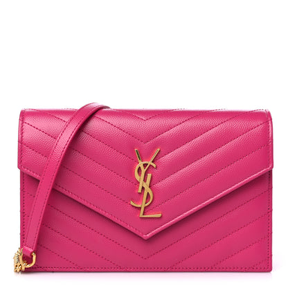 Saint Laurent Grain De Poudre Matelasse Chevron Monogram Envelope Chain Wallet Fresh Fuchsia 1 of 9