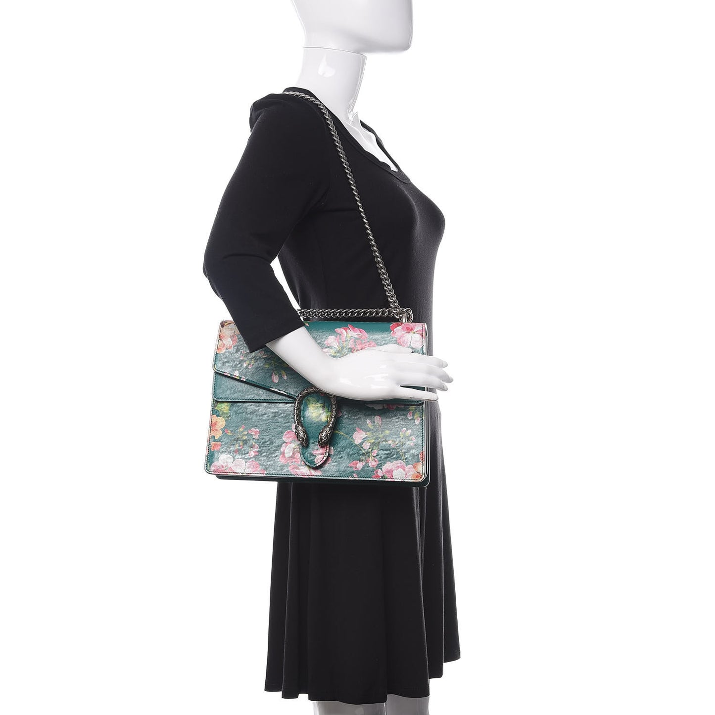 Calfskin Blooms Print Medium Dionysus Shoulder Bag Bright Emerald Multicolor