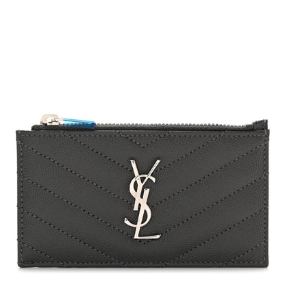 Saint Laurent Grain De Poudre Matelasse Chevron Monogram Fragments Zippered Card Case Coal 1 of 8